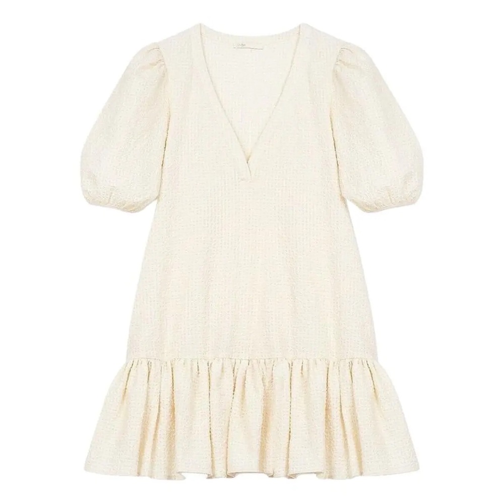 Maje Cream Beige Rolita Puff Sleeve Mini Slip Shift Dress